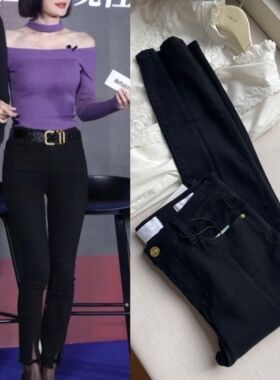 FD经典巨显瘦黑色高腰高弹性修身牛仔裤裤脚开叉9分小脚小黑裤