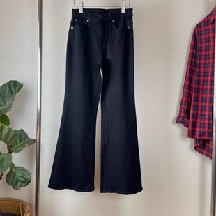 女简约百搭 长裤 大长腿R25美式 欧美中高腰深灰色弹力喇叭牛仔裤