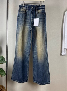 Ac25松弛感高腰直筒复古泥黄色水洗做旧直筒微喇叭牛仔裤长裤女