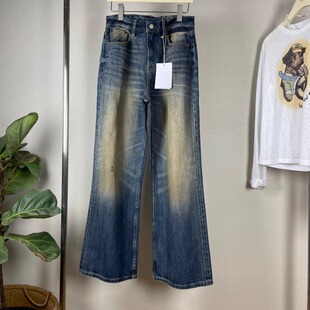 Ac25松弛感高腰直筒复古泥黄色水洗做旧直筒微喇叭牛仔裤长裤女