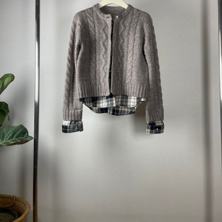 羊驼毛衣拼接假两件格子针织衫