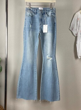 FD复古浅蓝色毛边破洞牛仔裤中高腰显瘦弹力喇叭裤长裤子修身百搭