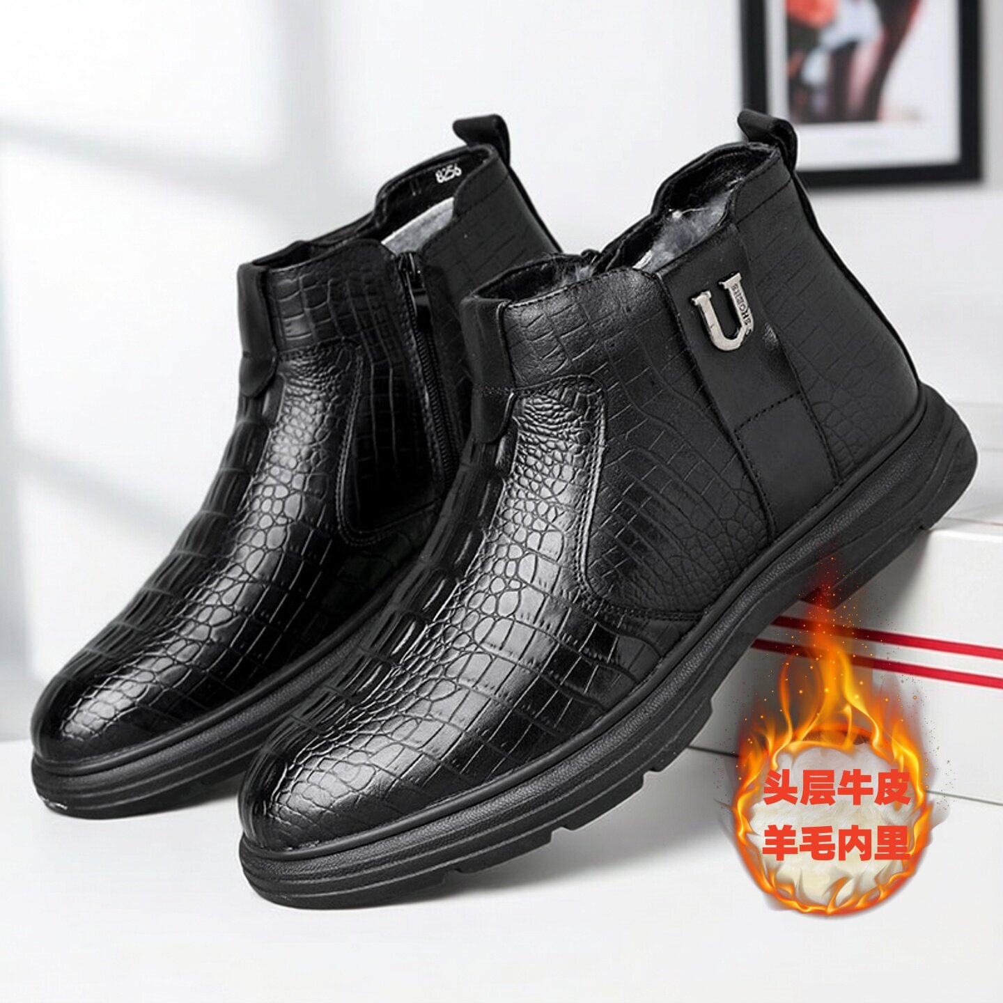 冬季真皮高帮鳄鱼纹加绒棉皮鞋男