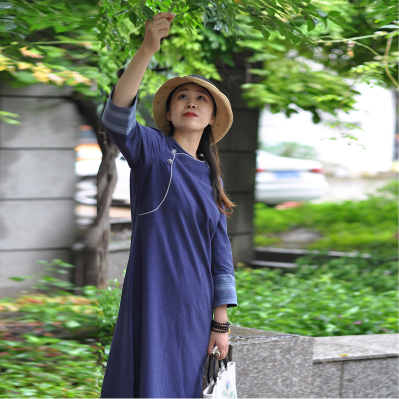 素荷原创日常拼布开衩拉链旗袍