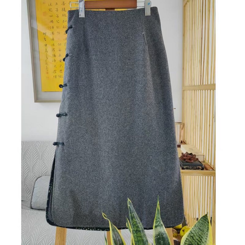 【步梵】素荷原创毛呢盘扣半身裙一步裙秋冬新中长款修身百搭复古