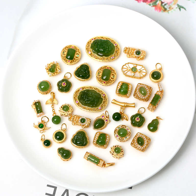 S925古法银镀金镶嵌天然碧玉葫芦竹节吊坠貔貅转运珠diy手链配件