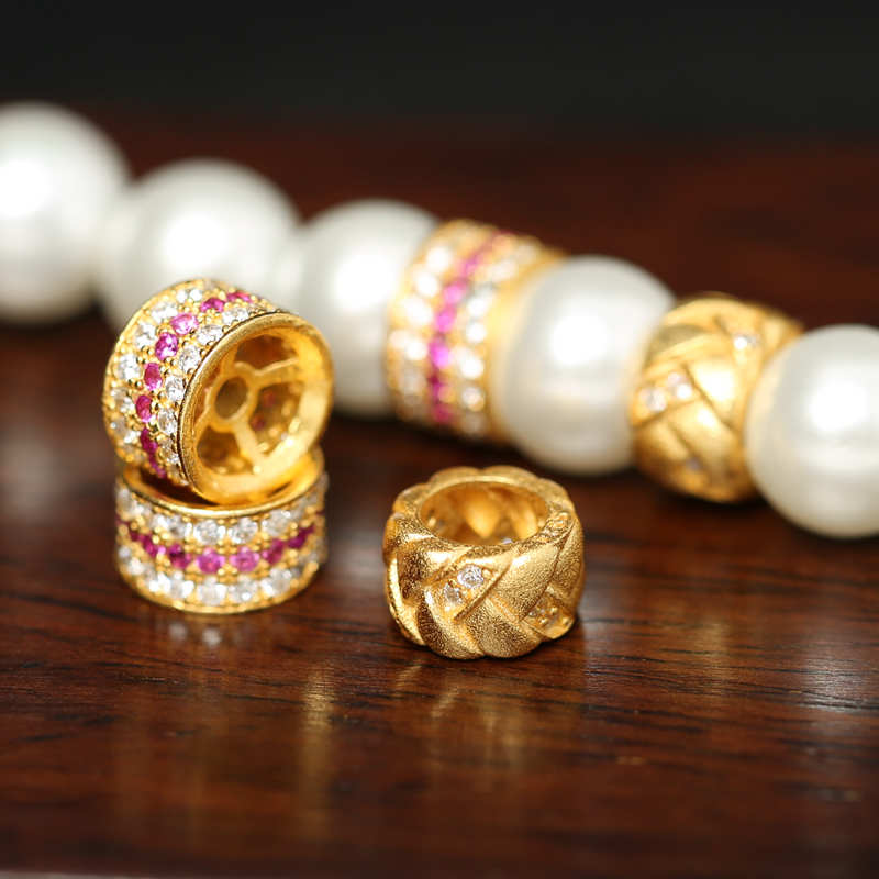 古法银镀金镶钻大孔隔珠