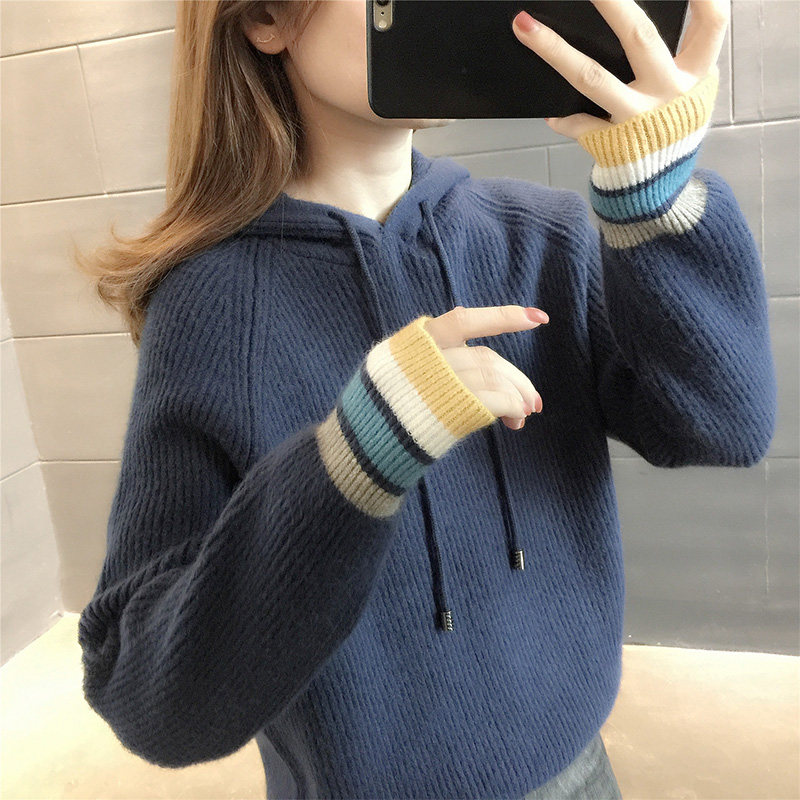 女士毛衣宽松帽子衫2023年秋冬季新款韩版连帽针织衫百搭外穿上衣