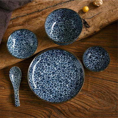 日本进口高温釉下彩陶瓷餐具古染京唐草系列调味钵多用碗平碟菜碟