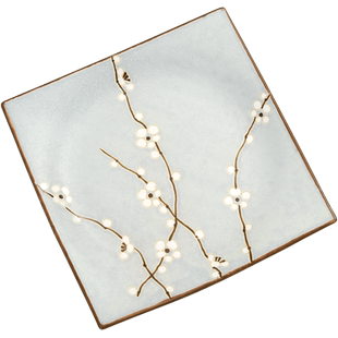 微暇古伊烧日本进口釉下彩陶瓷蓝梅哑光釉系列9.5大深盘8.0正方盘