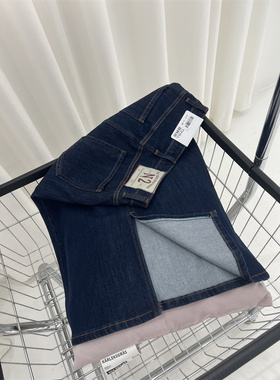 深蓝色弹力牛仔裙女夏高腰显瘦小个子中长款遮胯前开叉复古半身裙