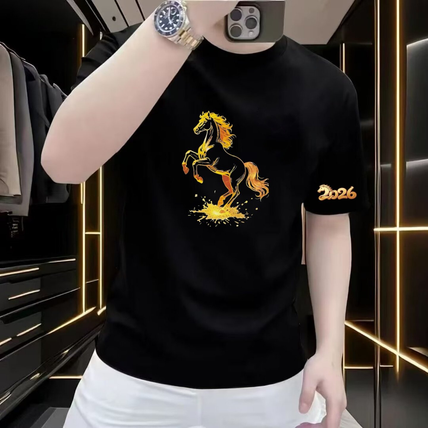 2026夏季新款骏马印花纯棉短袖t恤男女款宽松潮流半袖体恤上衣服