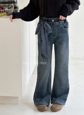 波拉韩国童装女童一体绒微喇叭牛仔裤25秋冬季新款直筒裤休闲长裤