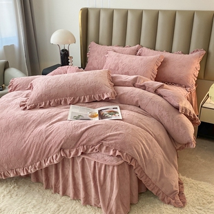 A类冬季韩版雕花绒牛奶绒床盖四件套保暖被套加厚珊瑚床裙防静电4