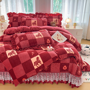 2026新款牛奶绒印花贺岁款床盖四件套床褥炕垫本命年大红色4件套