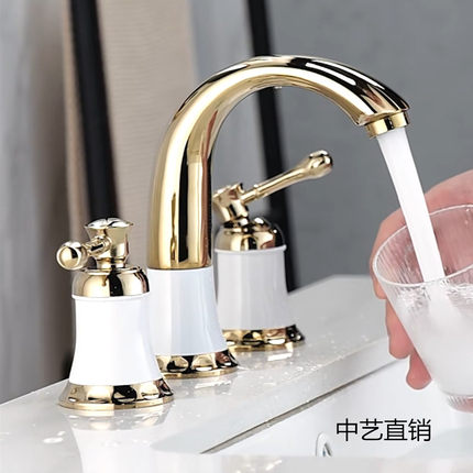白色双把三孔分体面盆水龙头冷热四孔洗脸盆台盆龙头三件套开关