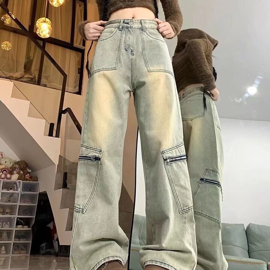 早春美式复古潮直筒做旧高腰显瘦黄泥阔腿工装牛仔裤子男女款长裤