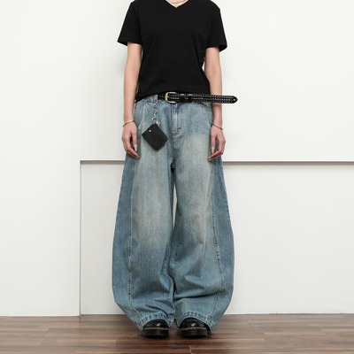 FLYOFF美式复古竹节纹弯刀牛仔裤男女宽松阔腿复古休闲baggy裤子