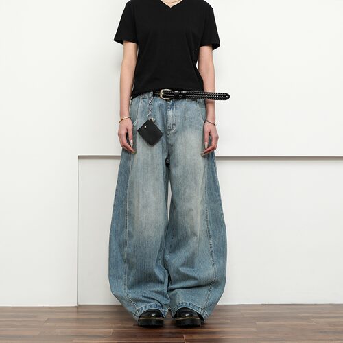 FLYOFF美式复古竹节纹弯刀牛仔裤男女宽松阔腿复古休闲baggy裤子