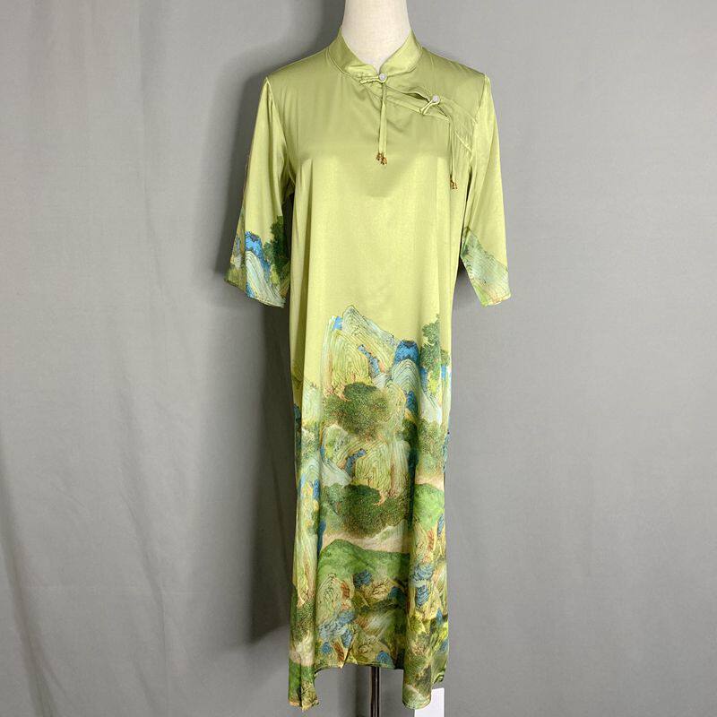 杭州高档丝绸正品只此青绿印花加厚真丝桑蚕丝复古风中长款连衣裙