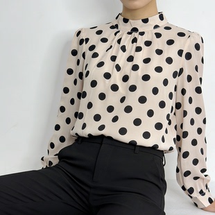 真丝桑蚕丝双绉立领波点长袖 女通勤淑女风气质套头上衣 衬衫