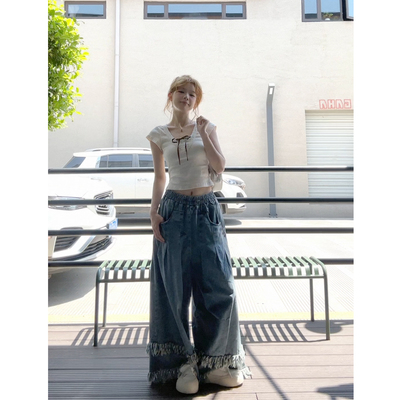 海棠嚯嚯haitang【有美又飒夏季】拖地阔腿牛仔裤搭配短款上衣T恤