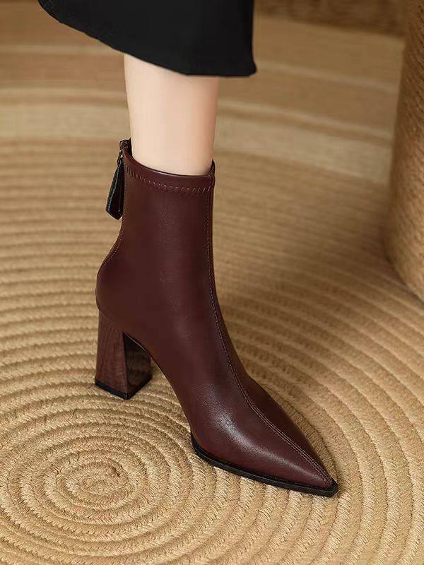 2025欧洲站复古短靴女弹力瘦瘦靴尖头粗跟后拉链高跟短筒马丁靴女,女鞋,时装靴,淘宝优惠券,粉丝福利购,淘宝优惠卷