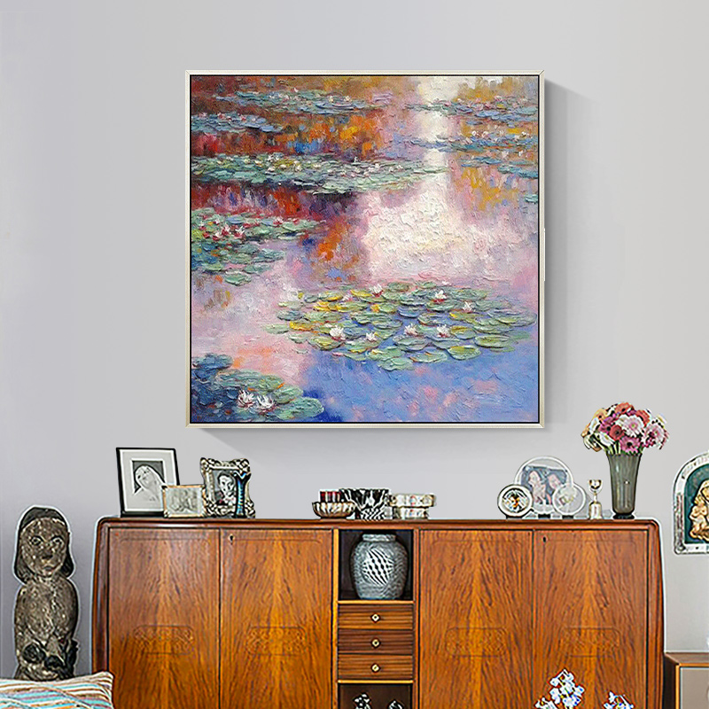 油画手绘莫奈睡莲卧室床头挂画客厅玄关装饰画轻奢荷花餐厅挂画图片