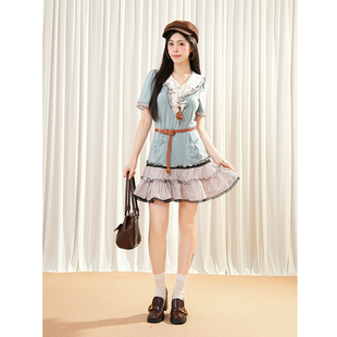 2025年夏季新款小众复古气质假两件拼接V领连衣裙古着风短款裙子