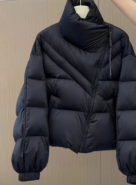 高端黑色斜襟服保暖加厚羽绒服女秋冬季新款立领面包服短外套上衣