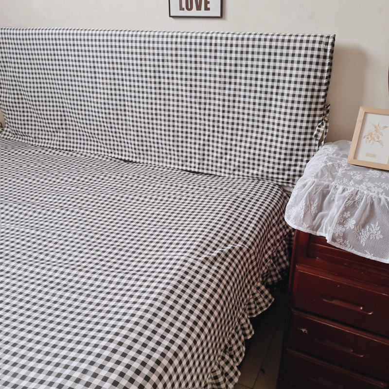 日式黑白格纯棉床头罩防尘罩