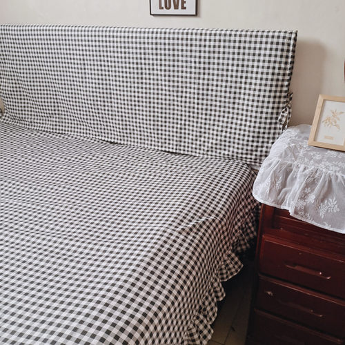 日式黑白格纯棉床头罩防尘罩