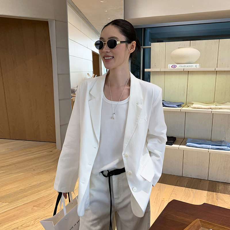 MOXI春季2026新款韩版女式小西装女天丝麻气质港风西服外套中长款