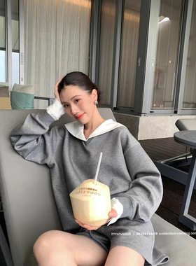 TTOO VOUIS春季新款洋气抽身松紧腰短裤撞色海军领卫衣两件套装女