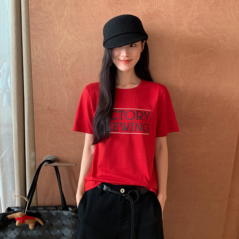 MOXI 春季2026新款圆领印花短袖T恤女小众设计感韩系字母正肩上衣