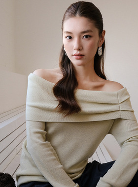 FONE春季2026新款温柔一字肩针织衫女宽松气质高级氛围感露肩毛衣