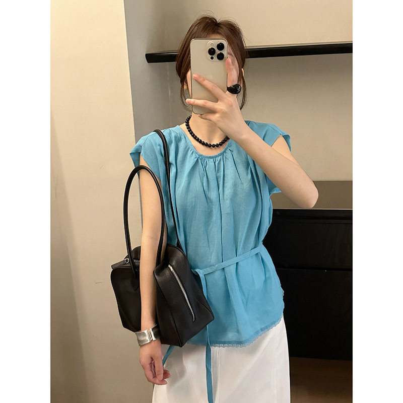 MMC DITION苎麻衬衫女夏季新款绑带收腰显瘦气质时尚小衫无袖上衣