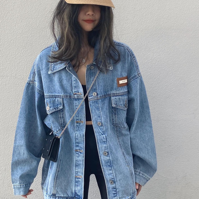 oneseven韩版中长款牛仔小标外套