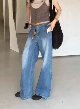 T.TOO VOUIS春季新款百搭配腰带钥匙扣水洗直筒港味拖地牛仔裤女