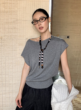 MOXI 春季新款韩系斜肩一字领简约休闲修身显瘦短袖针织衫上衣女