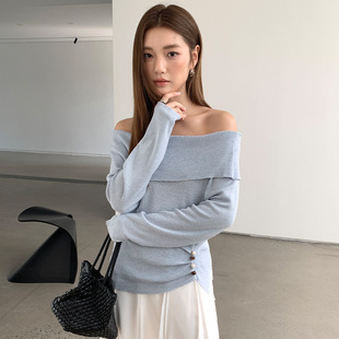 收腰显瘦露锁骨长袖 女春夏季 上衣 简约温柔风一字肩毛针织衫 FONE