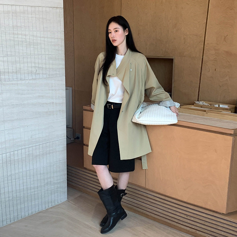 MOXI 春季2026新款韩版长款条纹内衬高级感立领宽松显瘦风衣外套