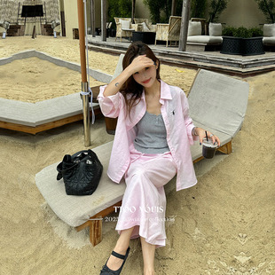 女 T.TOO VOUIS秋装 2025防晒衣多巴胺棉麻polo领衬衫 半裙两件套装