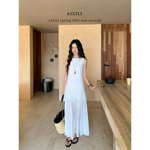 爱西里2026春装气质氛围感法式立体重工水溶花拼接雪纺背心连衣裙