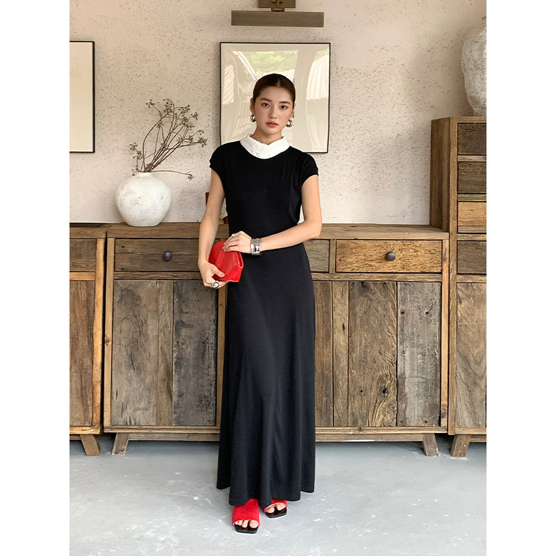 秋季黑色修身显瘦飘带针织长裙