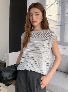 FONE韩系松弛感无袖肌理感针织罩衫女2026春镂空港风宽松显瘦背心