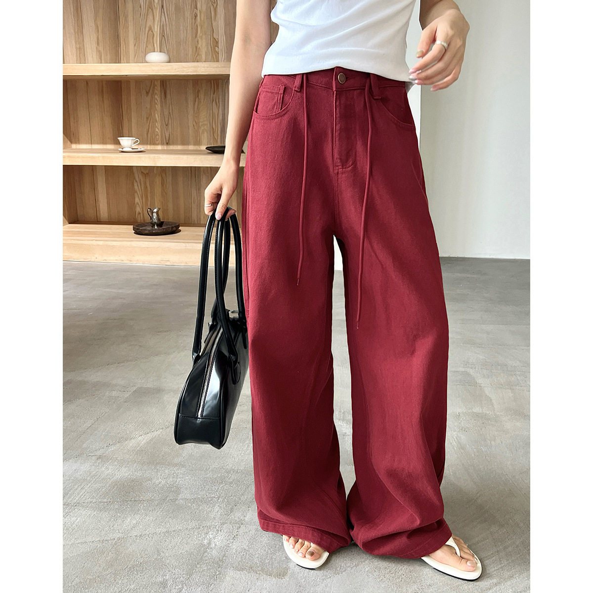 T-PLATFORM春款2026美式高街安可拉红裤垂感高腰拖地阔腿裤女长裤