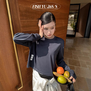 t恤女夏学生短款 FISHYU 简约宽松烫图小个子休闲长袖 薄款 上衣 韩版