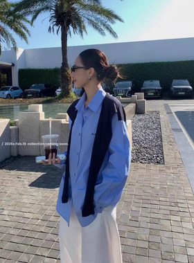 T.TOO VOUIS春季2026衬衣棉料长袖针织披蓝色格纹肩衬衫女两件套