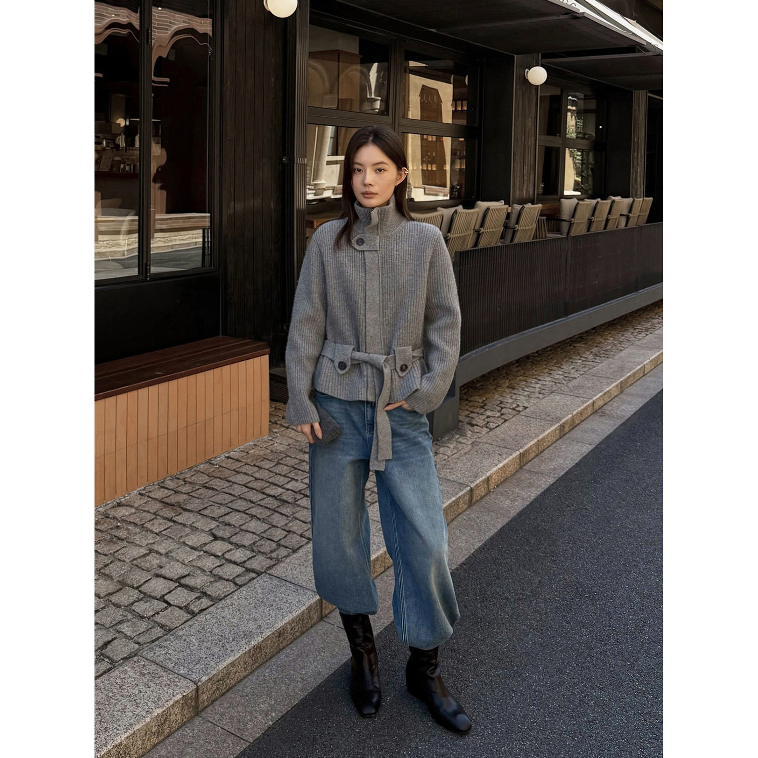 高级都市感系带收腰毛衣女